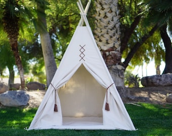 Original teepee with window, kids teepee in nature canvas and leather tassel Door Ties