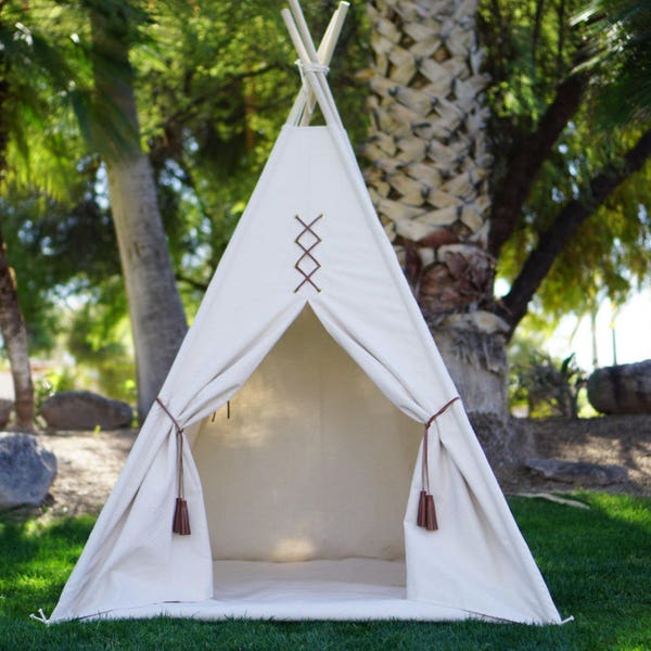 Original Tipi mit Fenster, Kinder Tipi in Natur Canvas und Lederquaste Türbänder