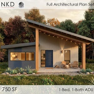 Op de afbeelding: Een moderne architectuurplanset voor een 1-slaapkamer, 1-badkamer ADU. De afbeelding toont een eigentijds huisontwerp met een schuin dak, houten accenten en een blauwe deur. Het huis is omgeven door groen en de tekst luidt "750 SF".