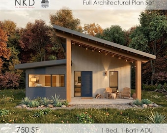 750 Sq Ft ADU House Plans (PDF) | 1 Bed 1 Bath Modern Backyard Home | Airbnb Rental or Guest House Design | Full Plan Set