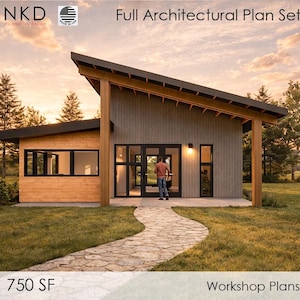 May include: Full architectural plan set for a workshop. The image shows a modern building with a sloped roof, wooden accents, and large windows. The text on the image reads "Full Architectural Plan Set", "750 SF", and "Workshop Plans".