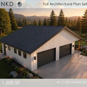 Puede incluir: Juego de planos arquitectónicos para un garaje de 4+ coches. El edificio tiene un exterior blanco con un tejado negro y dos puertas de garaje. El texto "Full Architectural Plan Set" está en la parte superior. La imagen también incluye el texto "1,600 SF".