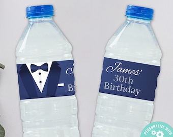 Tuxedo Black Tie Navy Water Bottle Labels Editable Secret Agent White Birthday Party Gift - Drinks Label Instant Download Printable WCBA033