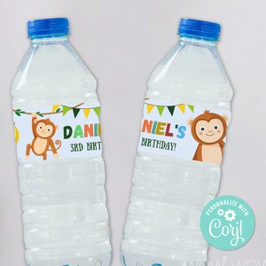 Monkey Water Bottle Labels Blue Editable Birthday Party Gift Boys Go ...