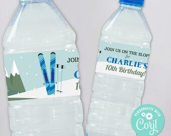 Ski Party Wasserflaschenetiketten Editierbare Geburtstagsfeiergeschenk - Ski fahren Schnee Apres Wintergetränkeetikett Sofortiger Download Druckbare WCBK100