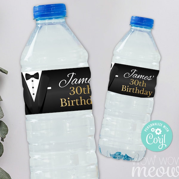 Tuxedo Black Tie Water Bottle Labels Editable Secret Agent Spy White Birthday Party Gift - Drinks Label Instant Download Printable WCBA033