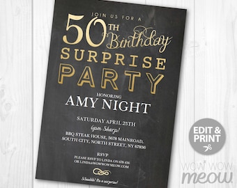 50th surprise birthday invitation chalk board fifty party etsy