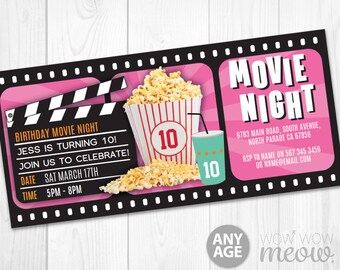 pink girls movie night ticket invitations film birthday party invites instant download film any age theatre personalize editable printable