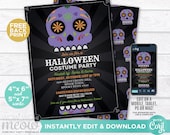 Halloween Invitations Sugar Skull Party Printable INSTANT DOWNLOAD Costume Skulls Invite Spooky Horror Day Of The Dead Personalized WCHA033