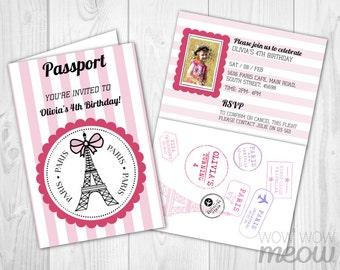 paris birthday invitation passport plane ticket invite eiffel etsy paris passport invitations