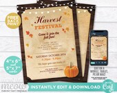 Fall Harvest Festival Invitations Party Event Rustic Invite Printable INSTANT DOWNLOAD Church Wood Autumn Personalize Editable WCHF002