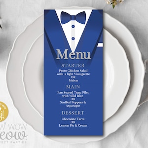 Tuxedo Royal Blue Menu Dinner Dark Blue Silver Template Package INSTANT DOWNLOAD Secret Agent Birthday Matching Personalize Editable WCBA033