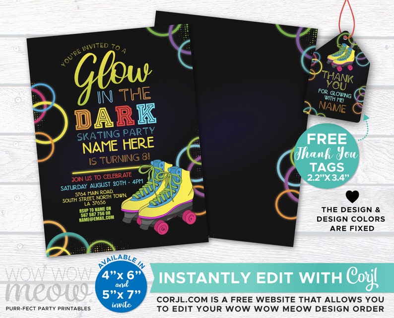 Glow in the Dark Skating Invitations Roller Skate Party Invite Etsy