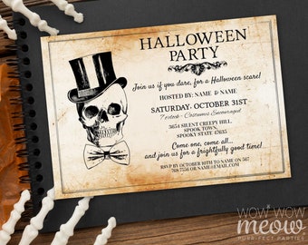 Halloween Party Invitations Printable INSTANT DOWNLOAD Spooky Invite Spooktacular Bow Tie & Top Hat Skull Zombie Edit Personalized WCHA063