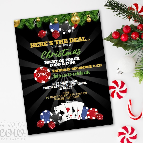 Casino Christmas Invitation Holidays Poker INSTANT DOWNLOAD Las Vegas Cards Dice Party Chips Personalize Festive Editable Printable WCCH074