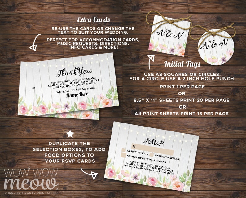 Wedding Invitations Set Template Wood Package Printable Invites Save The Date INSTANT DOWNLOAD Tags Pink Floral Personalize Editable WCWP079
