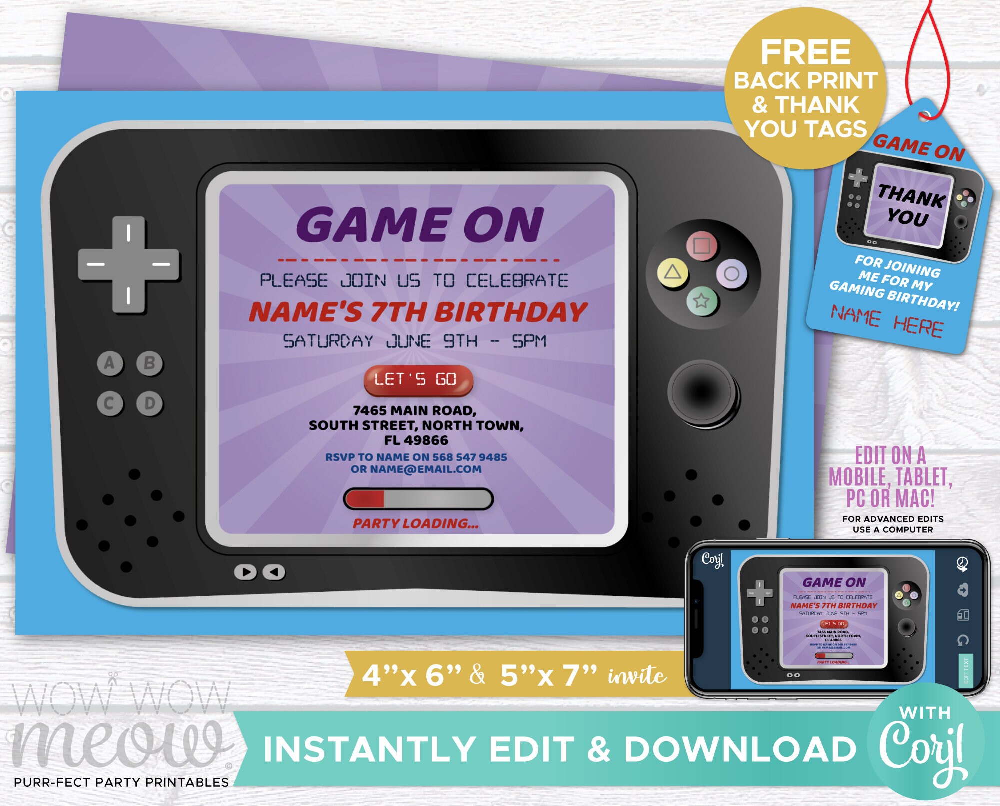 Video Game Invitations Gamer on Invite Party Birthday Blue Etsy