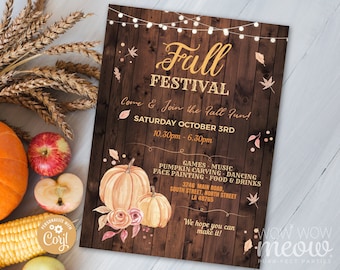 Fall Festival Invitations Pumpkins Harvest Wood Leaves Party Rustic Invite Printable INSTANT DOWNLOAD Church Autumn Personalize Edit WCHF010