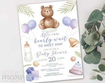 Bear Baby Shower Invitation Blue Boy Gender Reveal Teddy Boho Invites Balloons Neutral INSTANT DOWNLOAD Bohemian Party Couples WCBS153
