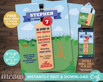 Cricket Bat Invitation Sports Party Birthday Invite Boys INSTANT DOWNLOAD Match Ball Game Any Age Girl Wicket Personalize Printable WCBK046