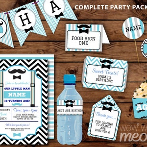 Moustache Little Man Birthday Package Mustache Invitation Printable 1st 2nd 3rd Decoration Blue Boy Collection DOWNLOAD Editable Personalize