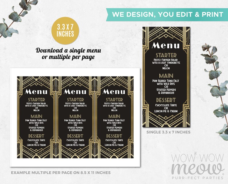 1920s Menu Design Art Deco Menu Dinner 1920s Gatsby Black Gold Template Package INSTANT ...