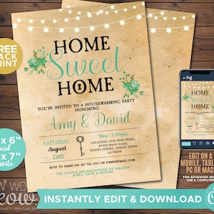 Housewarming Invite New House Invitation Home Sweet Home Couples Lights Party Board INSTANT DOWNLOAD Teal Green Digital Editable WCHO009