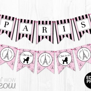 PARIS Banner INSTANT DOWNLOAD Bbay Shower Birthday French Party Sign Flag Bunting Personalize Editable Name Stripe Printable Girls Pink Baby