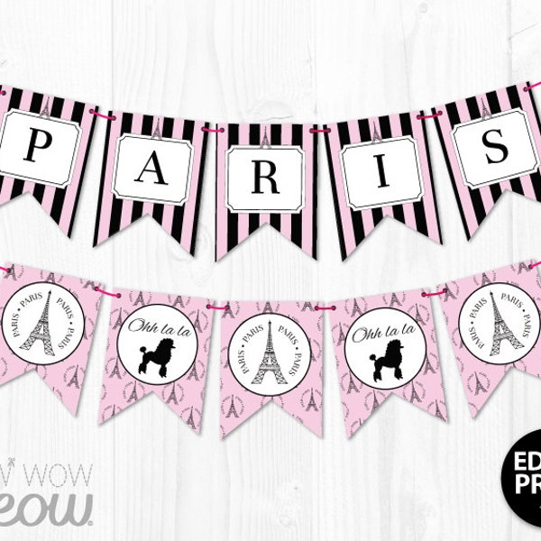 PARIS Banner INSTANT DOWNLOAD Bbay Shower Birthday French Party Sign Flag Bunting Personalize Editable Name Stripe Printable Girls Pink Baby