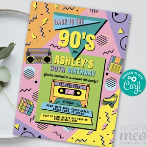 90s Birthday Invitation Nineties 1990s Any Age Smash Hits Music Disco INSTANT DOWNLOAD Party Personalize Edit Printable Digital WCBA268