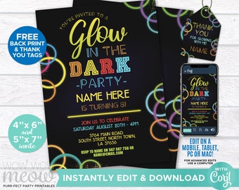Glow in the Dark Invitations Party Invite Birthday INSTANT DOWNLOAD Neon Paint Girls Boys Digital Personalize Editable Printable WCBK050p