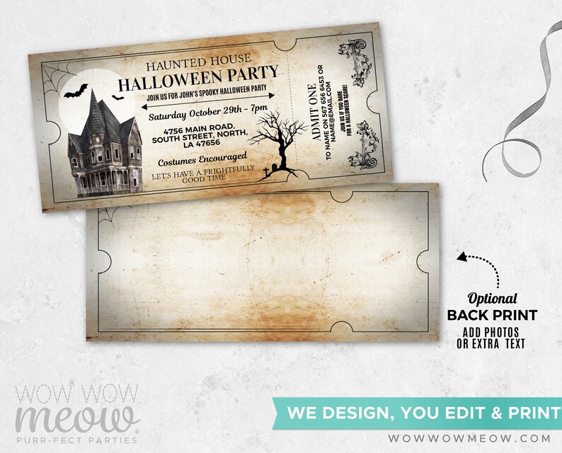 Halloween Invitations Haunted House Tickets Invites Party Printable INSTANT DOWNLOAD Bat Spooky Scare Personalized Editable Edit WCHA015 image 3