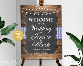 Wedding Blue Check Welcome Editable Sign Ceremony Party 24 x 36 inches Seating Poster Wood Rustic DOWNLOAD Printable WCWI001