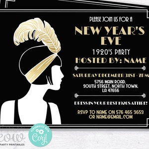 New Year&#39;s Eve Gatsby Party Invitations Black Gold Roaring Twenties 1920s Invites Printable INSTANT DOWNLOAD NYE Editable Printable WCCH090