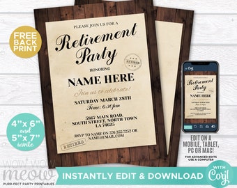 Retirement Invitation Retired Invite Instant Download Printable Wood Rustic Paper Celebration Design Stamp Editable Personalize WCRE030