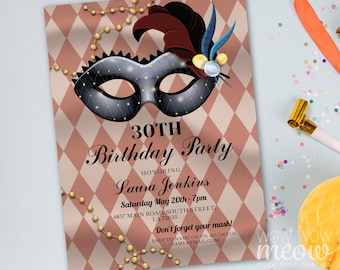 Editable MASQUERADE Birthday Party Mask Masked Ball Invitation Any Age Invite White Gold Instant DOWNLOAD Black Tie Event Printable WCBA322