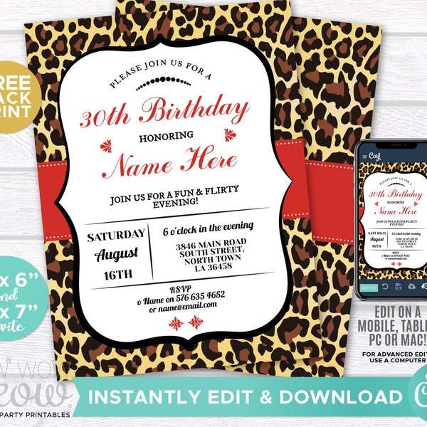 Leopard Birthday Invitations Women's 30th 40th 50th INSTANT DOWNLOAD Any Age Invite Fabulous flirty Editable Invitation Personalize WCBA163