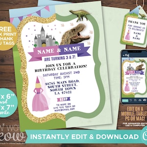 Princess and Dinosaur Birthday Invitations Girl & Boy Joint Shared Invite INSTANT DOWNLOAD Dino Printable Party Personalize Editable WCBK015