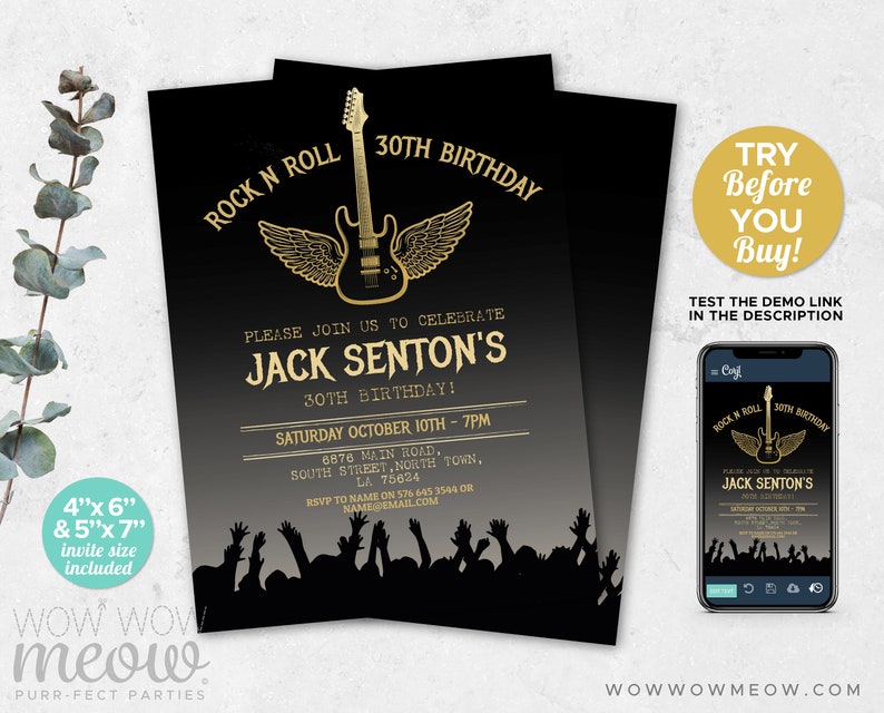 Rock Birthday Invitations N Roll Gold Party Invite Guitar - Etsy