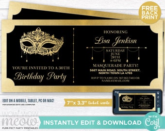 MASQUERADE Birthday Party Ticket Invitation Gold Mask Invite Elegant Black INSTANT DOWNLOAD Foil Tickets Any Age Editable Print WCBA041g