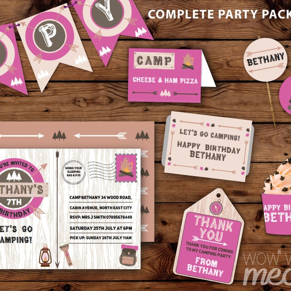 GLAMPING Birthday Party Package Girls Pink Camp Invitations Decorations Full Camping Printable Collection DOWNLOAD Editable Text Personalize