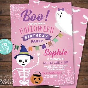 Kid&#39;s Halloween Invitations Birthday Pastel Pink Costume Children&#39;s Party Skeleton Invite Printable  DOWNLOAD Pumpkin Personalized WCHA105