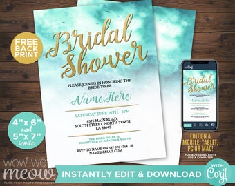 Bridal Shower Watercolour Invitation INSTANT DOWNLOAD Bachelorette Aqua Teal Blue Gold Foil Invite Personalize Editable Printable WCBR023