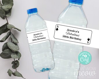 Playing Cards Clubs Water Bottle Labels Casino Las Vegas Editable Birthday Party Gift Drinks Label Wonderland Download Printable WCBA002