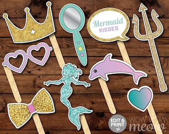 Mermaid Photo Props OVER 50 Props INSTANT DOWNLOAD Birthday Under The Sea Pearls Sign Shells Party Fun Display Take Snaps Printable Booth