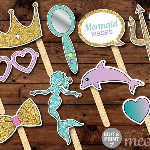 Mermaid Photo Props OVER 50 Props INSTANT DOWNLOAD Birthday Under The Sea Pearls Sign Shells Party Fun Display Take Snaps Printable Booth