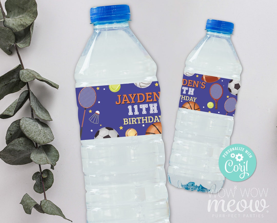 All Sports Water Bottle Labels Soccer Football Tennis Navy Blue Editable Birthday Party Gift