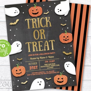 Halloween Invitations Party Trick Or Treat Ghost Pumpkin Printable INSTANT DOWNLOAD Spooky Invite Costume Decorate Personalized Edit WCHA090