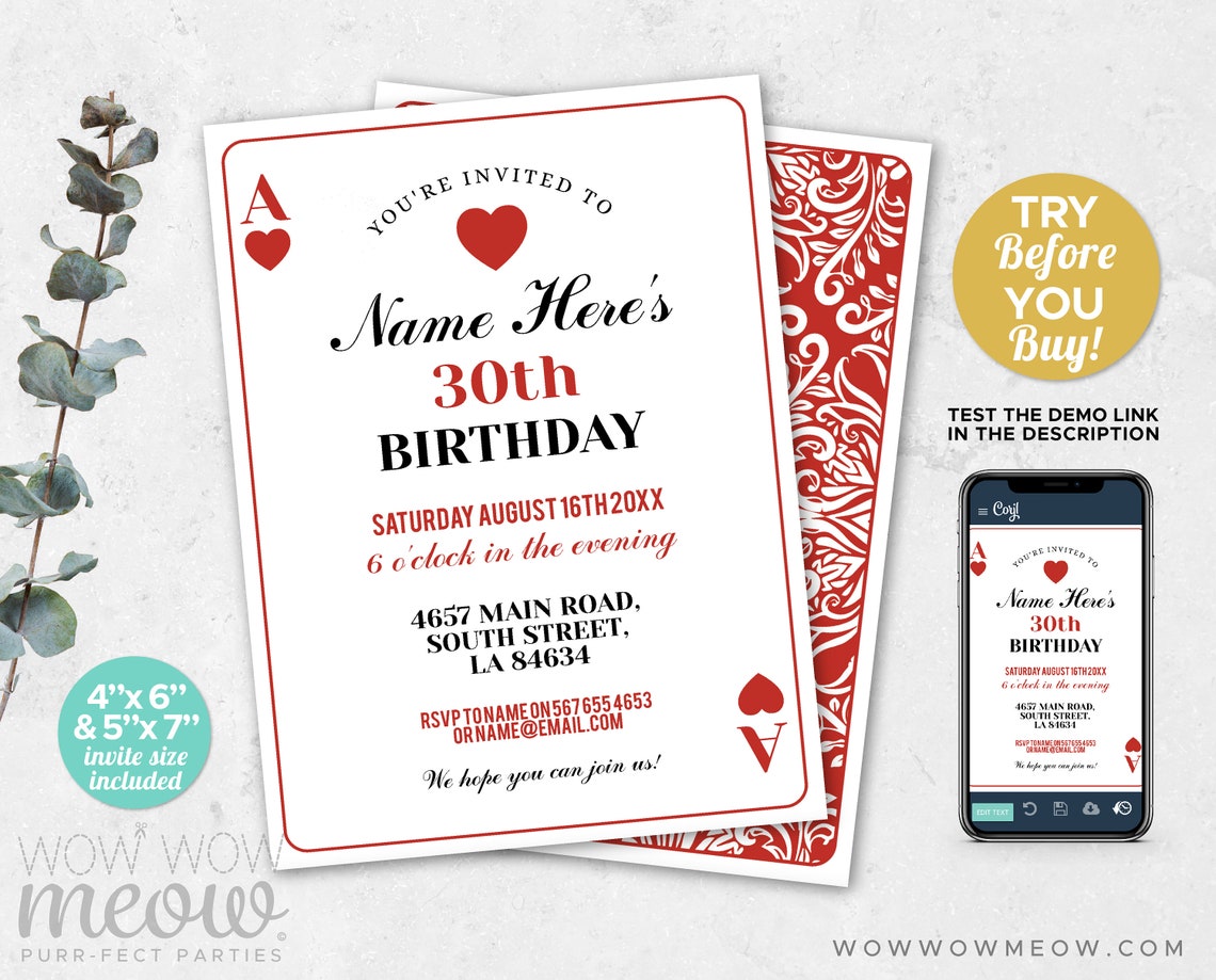 Playing Cards Birthday Invitation Any Age INSTANT DOWNLOAD Casino Heart