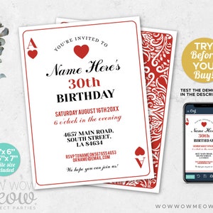 Playing Cards Birthday Invitation Any Age INSTANT DOWNLOAD Casino Heart Vegas Party Personalize Valentines Edit Printable Digital WCBA002 image 2